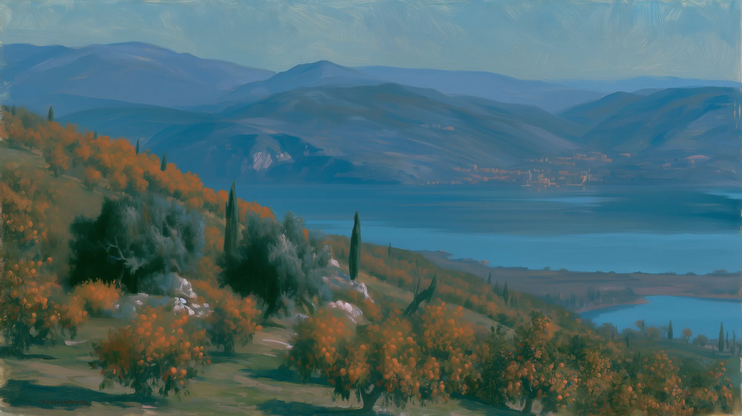 A lake and autumn hills below blue mountains, seen through the window.