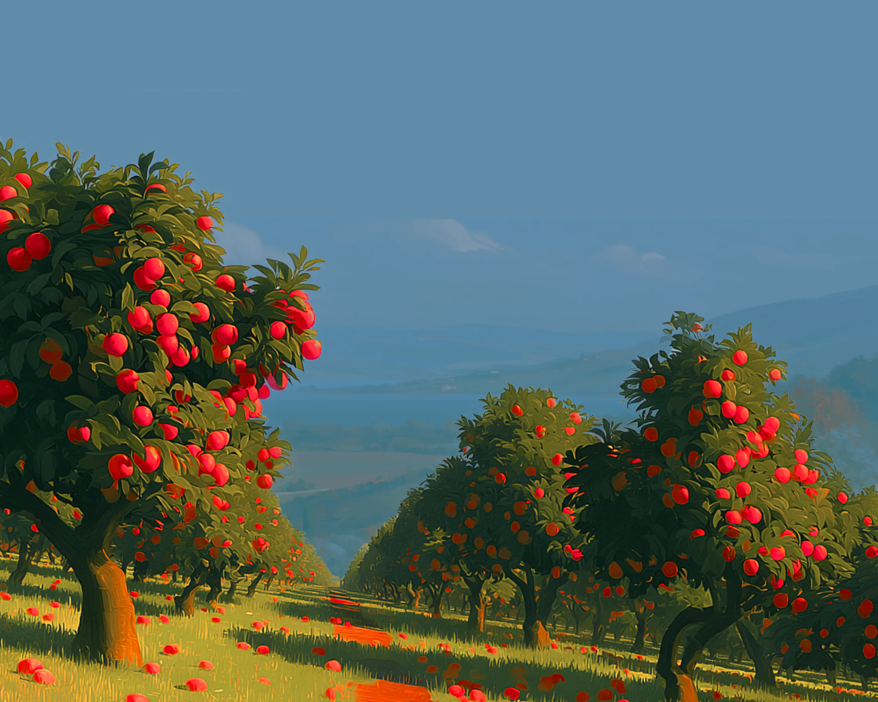 An orchard of orange trees in full fruit against a blue sky.