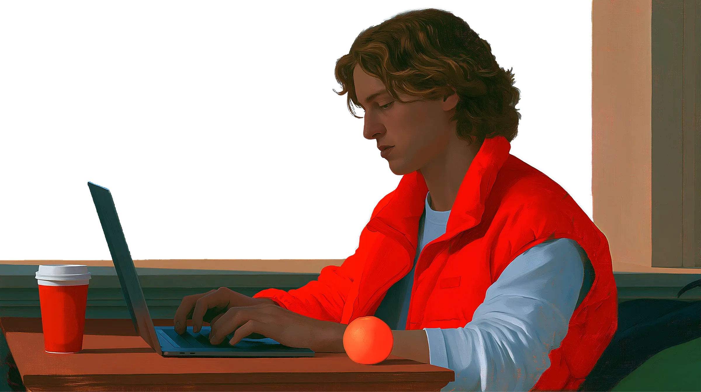 A man in a red jacket working at a laptop by the window, a coffee cup and an orange beside him.