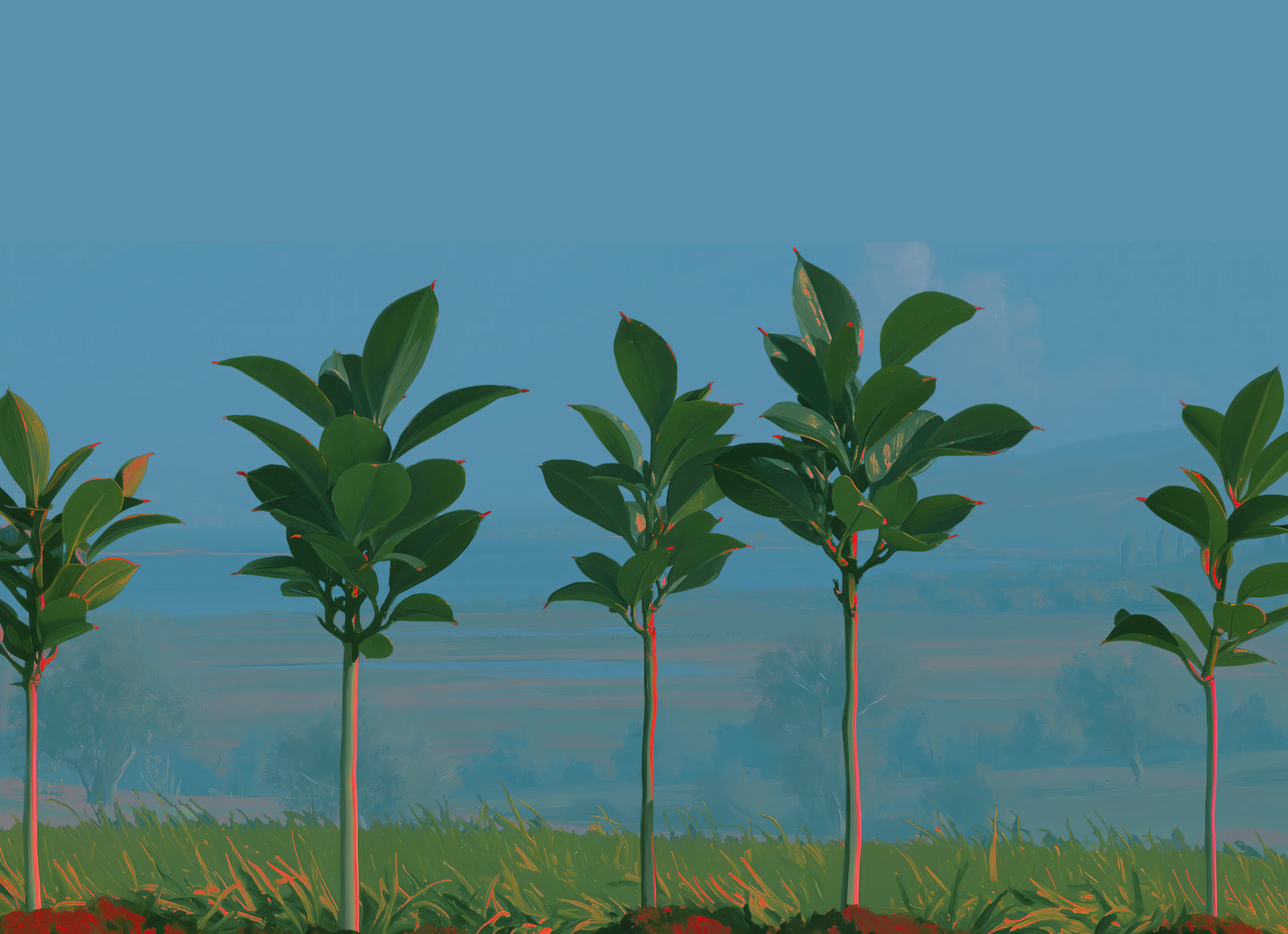 A row of young saplings planted in fresh grass against a blue sky.