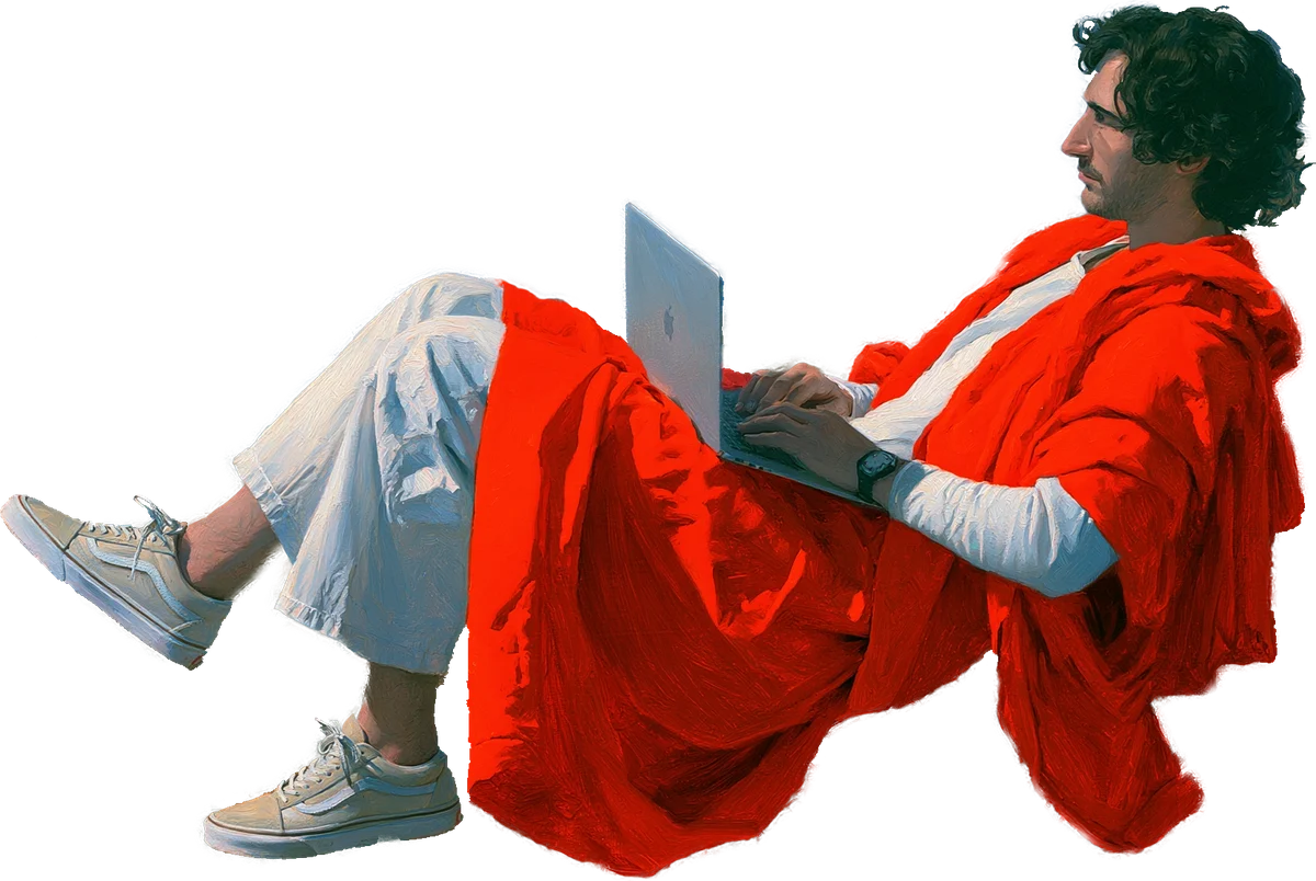 A man in a red coat reclining in mid-air with a laptop, above a lake and autumn hills.
