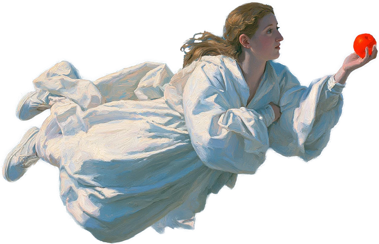 A woman in white, floating, holding out an orange.