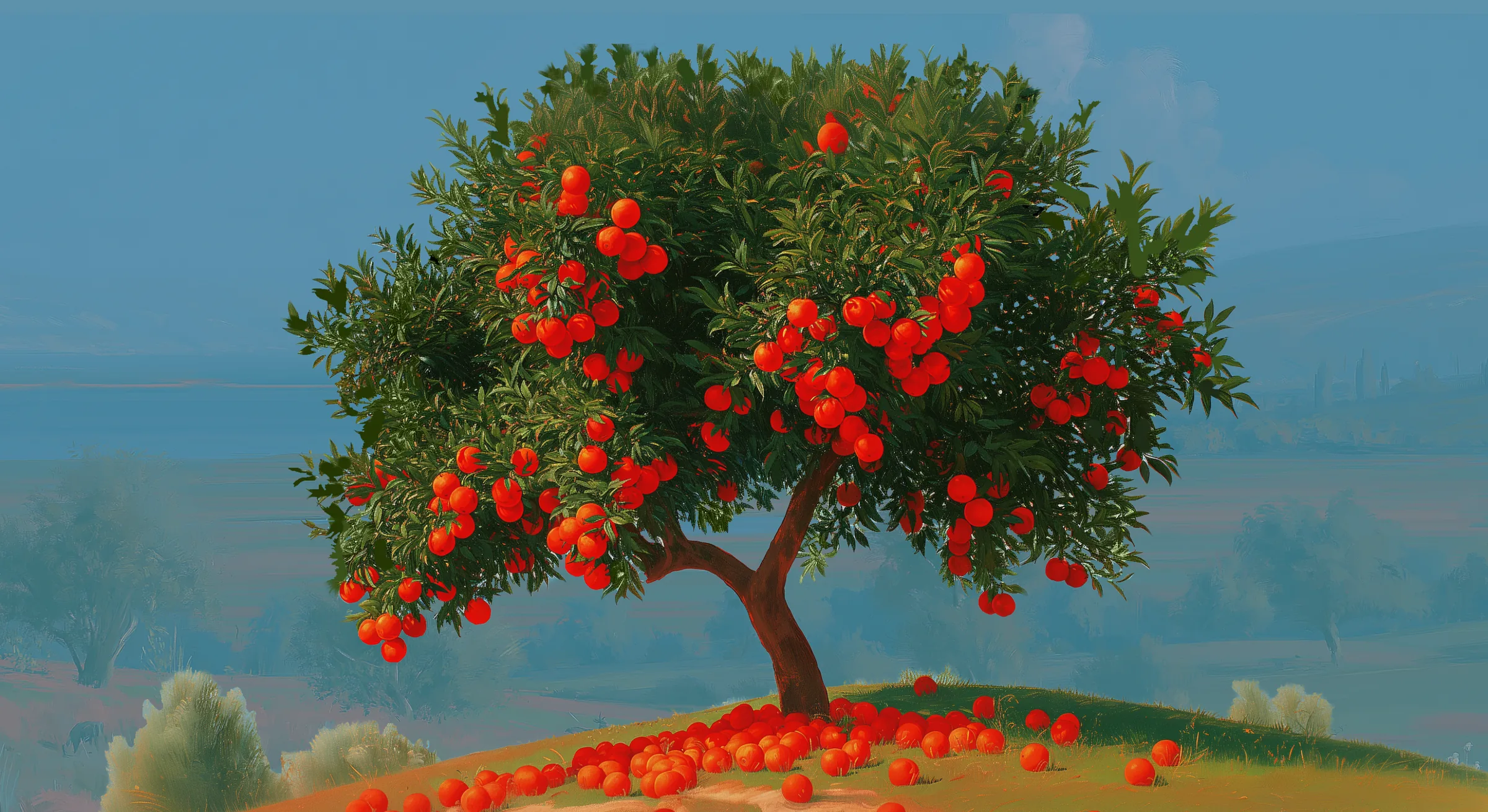 An orange tree in full fruit on a hillside, with fallen oranges around its base.