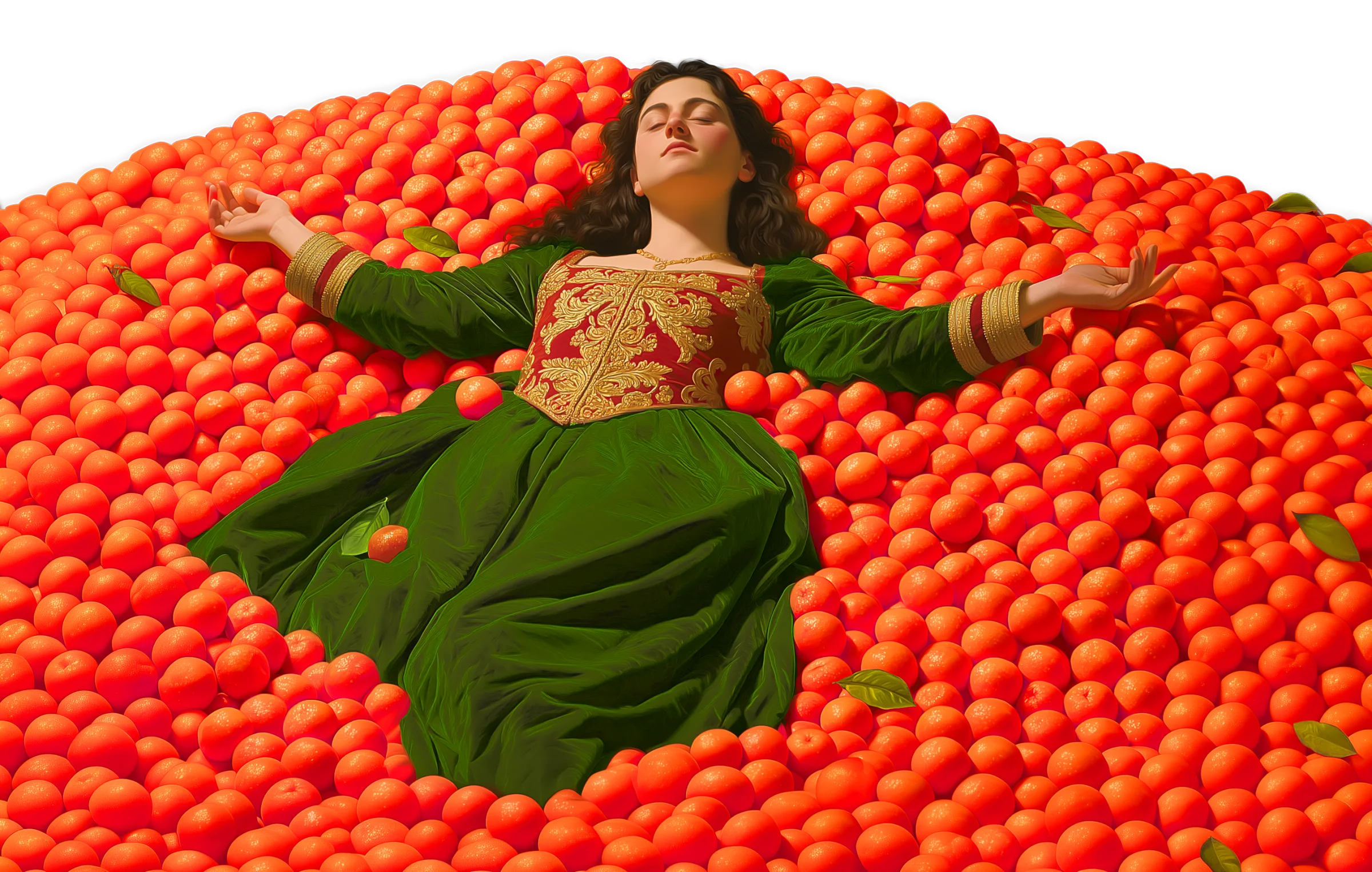 A woman in a green dress lying in a field of oranges
